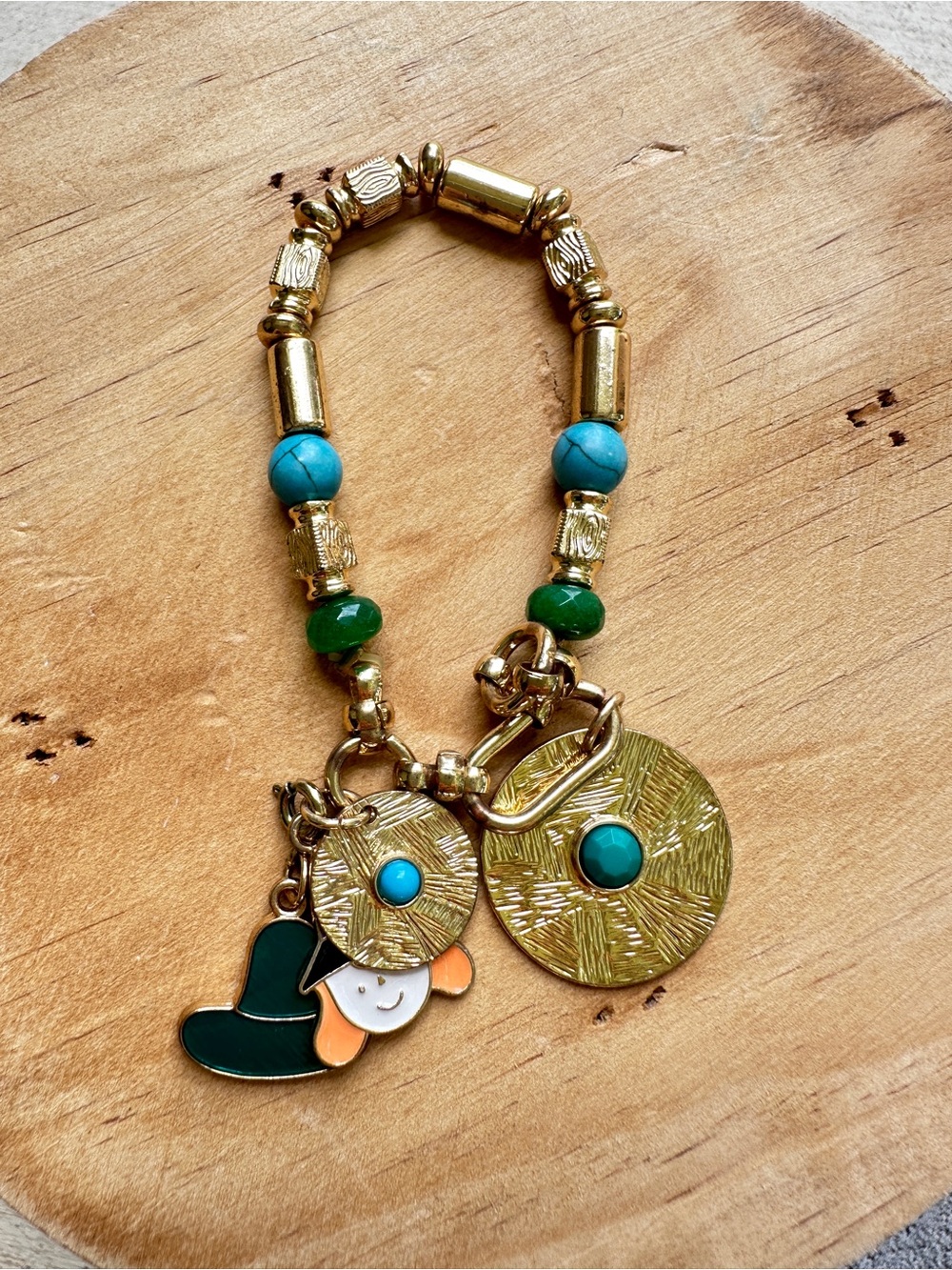 Gold-Tone Beaded Bracelet with Turquoise & Green Accents and multiple charms